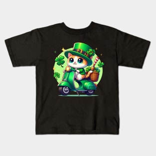 Celebrate St Patricks Day with a cute and colorful Cat on a Motorcycle design Kids T-Shirt